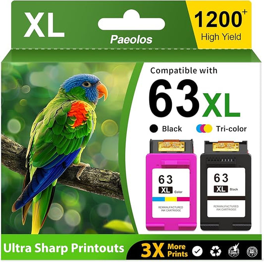 63XL Ink Cartridges Black and Color Combo Pack Replacement for HP Ink 63 XL 63XL for HP Envy 4520 4512 4510 OfficeJet 4650 5258 5255 3830 5200 4655 4652 DeskJet 3630 2132 1112 Printers Ink 63 (2-Pack)