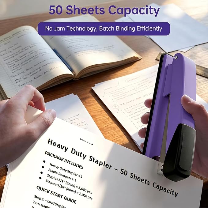 Metal Stapler Heavy Duty for Desk - 50 Sheet Capacity with 2000 Pieces 1/4", 5/16" Staples and Staple Remover, No Jam, Non-Slip, Stapler Heavy Duty for Classroom and Office, Purple
