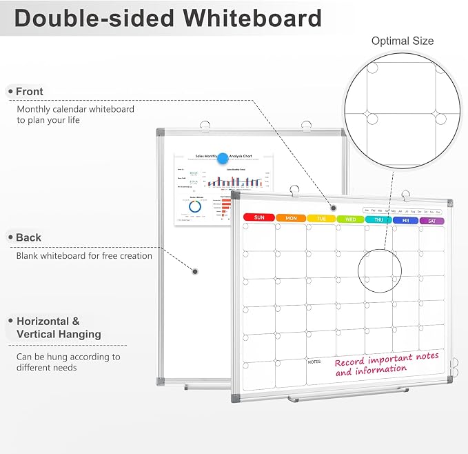 Colorful Dry Erase Calendar Whiteboard for Wall 24x18 Double-Sided Magnetic | Monthly Calendar, 7 Color Design, Wall Mount Hanging, Aluminum Frame, Smooth Dry Erase, Home School Office, Complete Kit