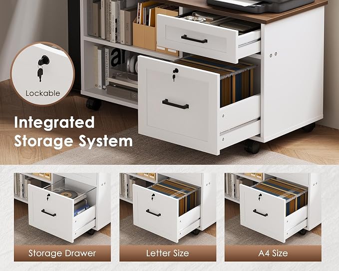 63" L Shaped Electric Standing Desk with Cabinet Sets, Walnut/White | Mobile Drawers & File Cabinet Sets for Flexible Layout, Height Adjustable Executive Stand Up Desk for Home Office Workstation