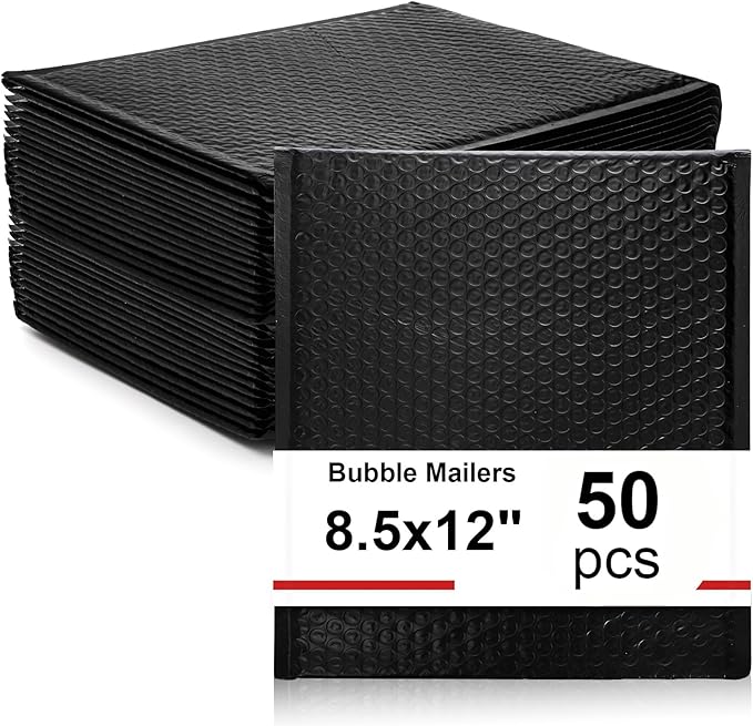 Nicunom 50 Pack Bubble Mailers 8.5 x 12", Usable Size 8.5 x 11" Self Seal Padded Envelopes Opaque Poly Wrap Bubble Bags Waterproof Shipping Bags for Small Busines Mailing Packaging, Black