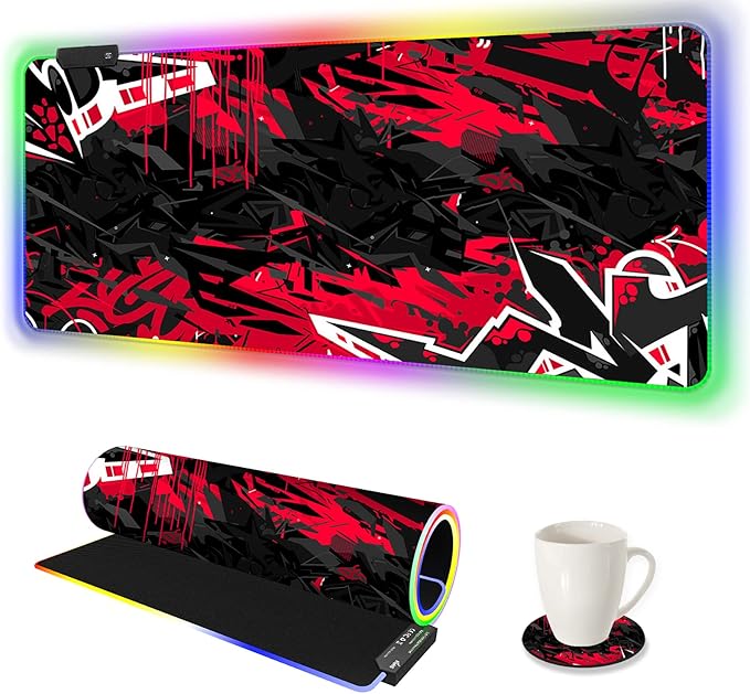 AIMSA Large RGB Gaming Mouse Pad, Keyboard Mousepad Led Extended 35.4 x 15.8 inch Non-Slip Rubber Base with 14 Lighting Modes, Big Desk Mat Waterproof, Red Black