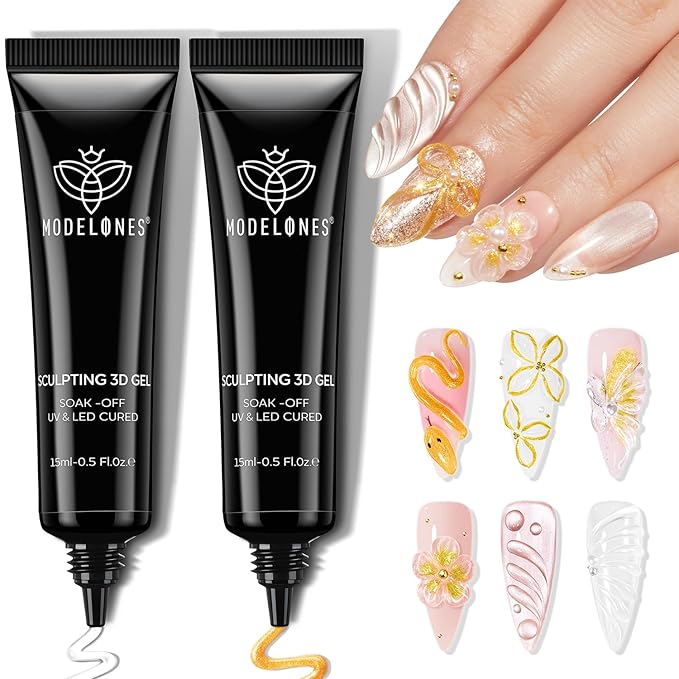 modelones 3D Gel Nail Art, 2Pcs Clear Gold Sculpting Gel Nail Glue for Nail Charms Gems Chrome Nail Powder Rhinestone No Wipe Molding Nail Art DIY Home for Drawing Designs