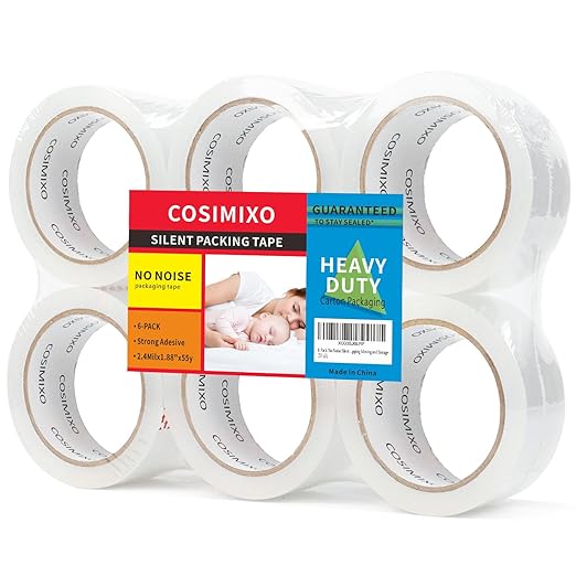COSIMIXO 6-Pack No Noise Silent Packing Tape 2.4mil x 1.88" x 55 Yards,Industrial Heavy Duty Noiseless Packaging Tape for Quiet Packing Shipping Moving and Storage
