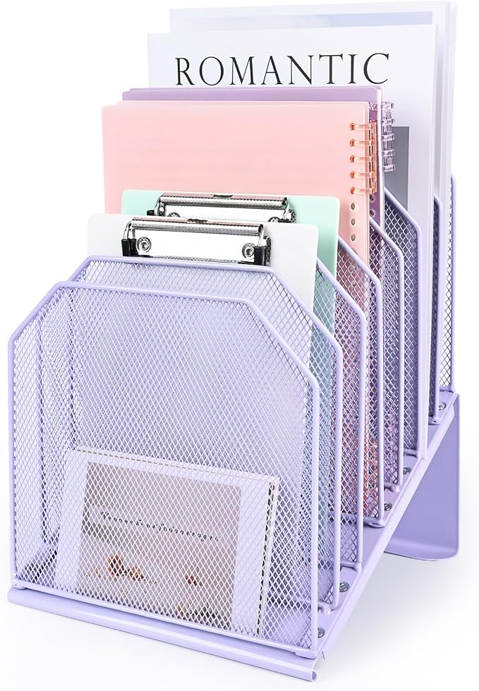 SUMMORO Inclined File Organizer for Desk, 7-Section Vertical File Holder | Office Desk Organizer Metal Rack File Folder, Wire Mesh Desktop Document Sorter, for Office School Classroom Home (Purple)