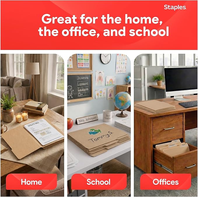 Staples Colored File Folders, Letter Size, 3-Tab, Kraft, 100/Pack | Durable paper stock for everyday office document organization and filing.