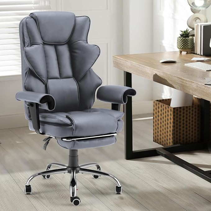 6-Point Massage Executive Chair,Heat Office Chair,Ergonomic Home Office Desk Chairs with Retractable Footrest and Reclining Function,Leather Computer Chair with Adjustable Armrest(‌Grey)