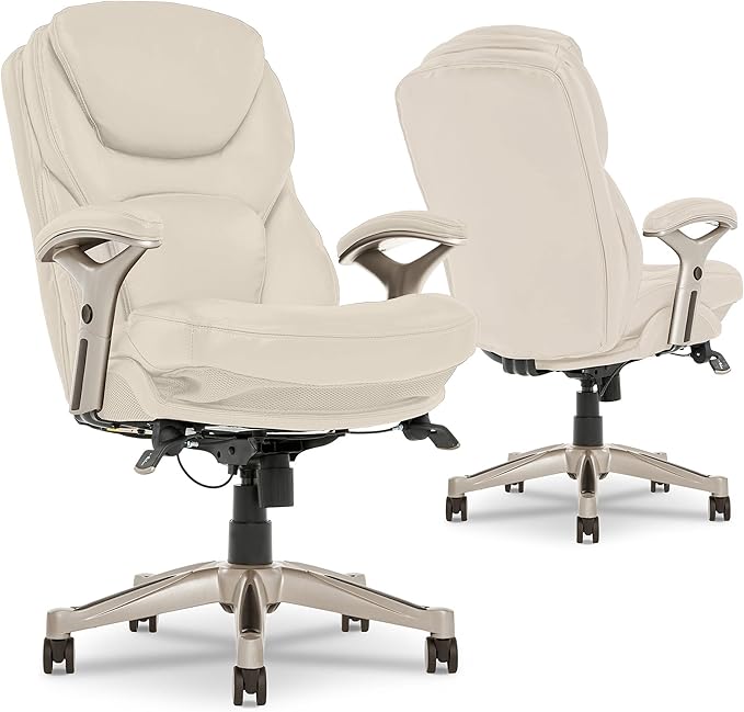 Serta Claremont Executive Office Chair with Back-In-Motion Technology, Ergonomic Mid-Back with Pivot Lumbar Support and Seat, Plush Cushion, Body Pillows, Adjustable Arms, Bonded Leather, Ivory White