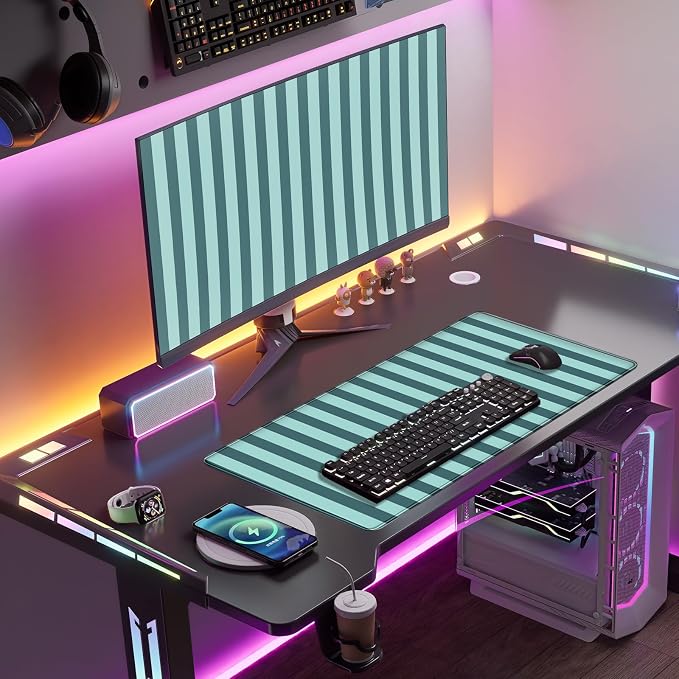 Teal Blue Striped Desk Mat Cute Pastel XXL Large Gaming Mouse Pad Desk Pad Kawaii Cozy Aesthetic Keyboard Laptop Computer Mat