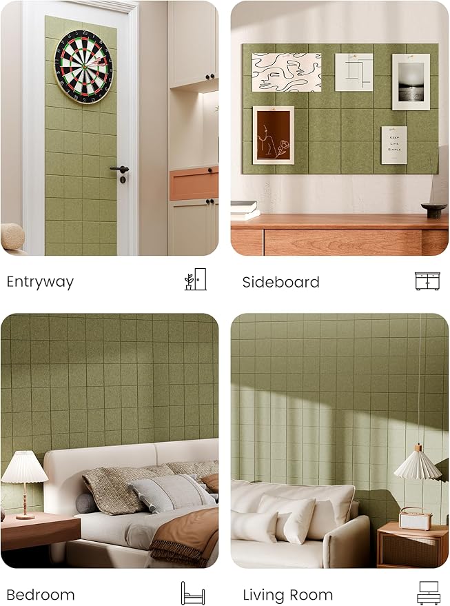 Bumusty Large Felt Bulletin Board, 36" x 24" Cork Board Alternative, 6-Pack Wall Tiles with 4-Compartment Design, 30 Push Pins, 40 Adhesive Tabs, Ideal for Office & Home Decor, Olive Green