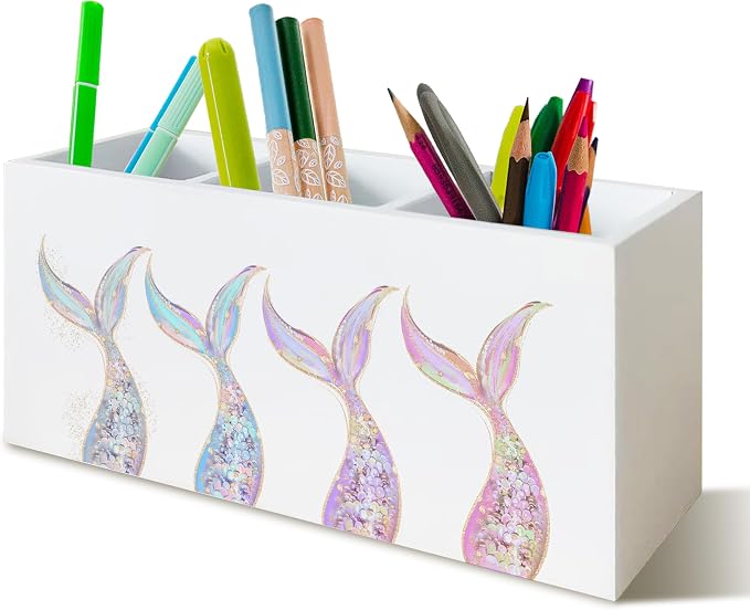 Mermaid Gifts for Girls Women, Pastel Mermaid Beach Pen Pencil Holder Organizer for Desk, Coastal Ocean Wooden Box Block Sign for Home Classroom Dorm Office Tabletop Decor