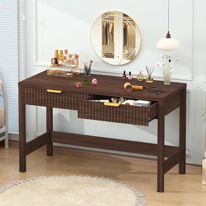 47 Inch Small Fluted Computer Desk with 2 Drawers for Bedroom, Home Office | Small Computer Desk with Storage, Compact Writing Study Desk for Small Spaces, Walnut