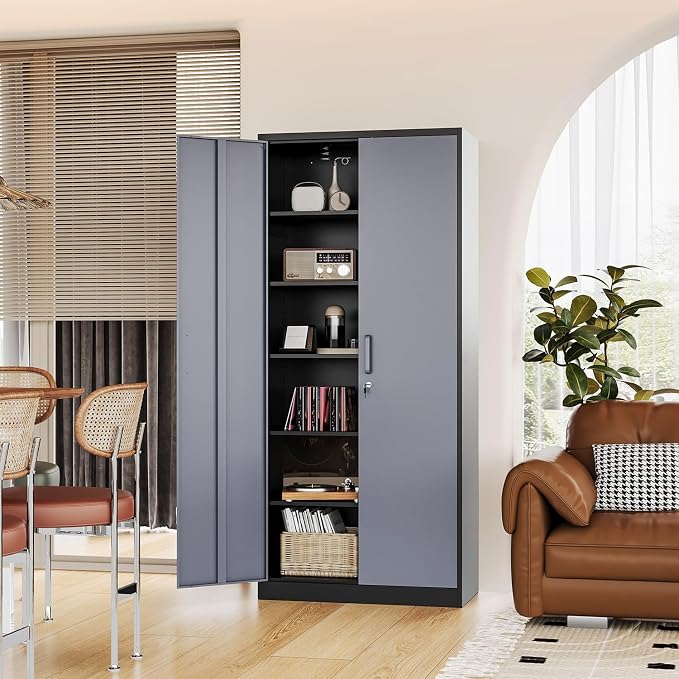 Fesbos Metal Cabinet Steel Storage Cabinet - 71” Tall File Cabinets with Lockable Doors and 5 Adjustable Shelves Black&Gray Steel Storage Cabinets for Home, School, Office, Garage