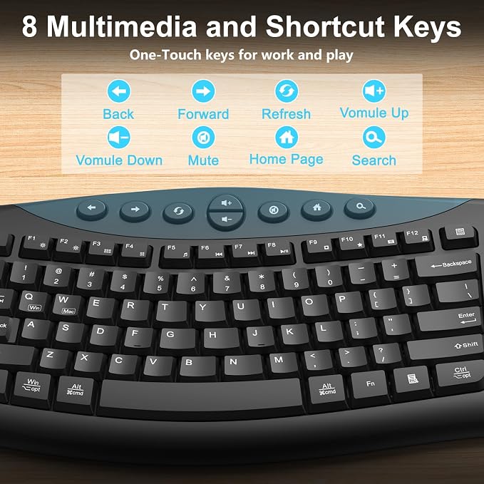 Wireless Keyboard and Mouse Combo, 2.4G Quiet Ergonomic Curved Keys (Black)
