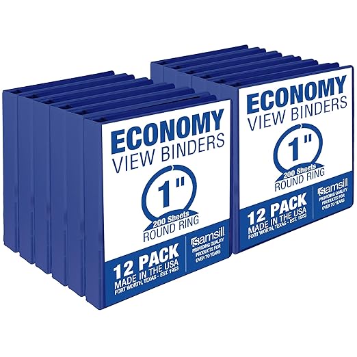 Samsill 1 Inch 3 Ring Binders, Economy Round Ring, Clear View Cover, 200 Sheet Capacity - for School, Home, Office - Blue, 12 Pack