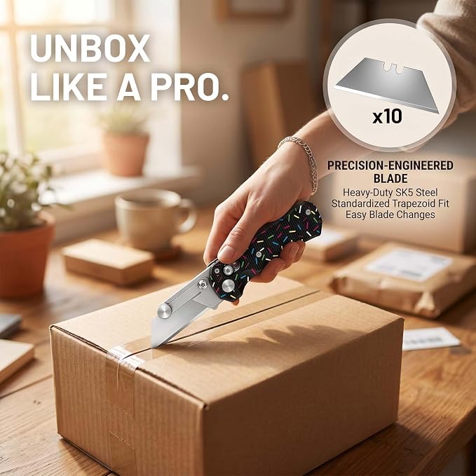 Folding Utility Knife, Pocket Knife, Box cutter Knife with Pocket & Rail Lock, Durable Razor Knife for Home Office Warehouse Everyday Carry, Gift for Men Women（Black Donuts）