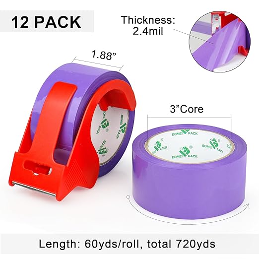 BOMEI PACK Purple Packing Tape with Dispenser, 2.4 Mil 1.88 Inch x 60 Yards, 12 Refills Rolls Purple Color Box Packaging Tape for Moving, Shipping, Mailing and Storage