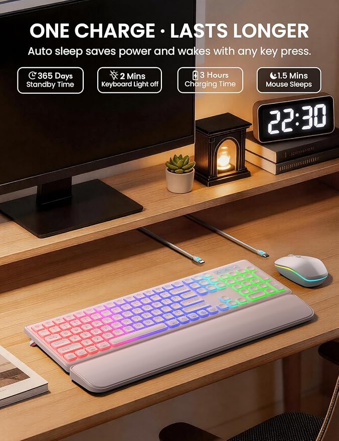Wireless Keyboard and Mouse Combo, RGB Backlit, Rechargeable & Light Up Letters, Full-Size, Soft Typing, Sleep Mode, 2.4GHz Quiet Keyboard Set for Mac, Windows, Laptop, PC, Trueque KM42Pro | Light Up Letters, Full-Size, Soft Typing, Sleep Mode, 2.4GHz ...