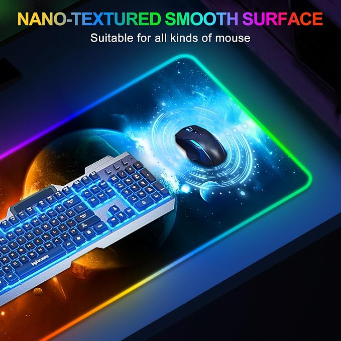 RGB Gaming Mouse Pad Large, Extended LED Mouse Mat XXL 35.4x15.7 inch, 14 Lighting Modes, 2 Brightness, Non-Slip Rubber Base Mousepad Waterproof Keyboard Mat,Universe Space Starry Sky