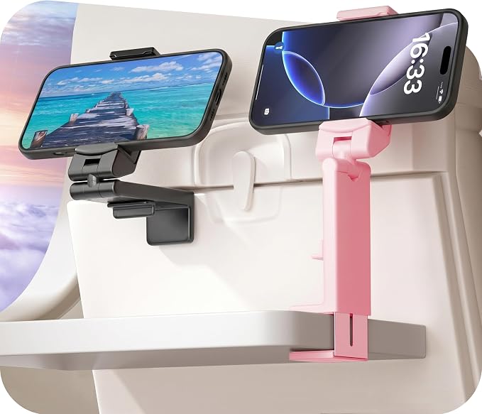 Perilogics Airplane Phone Holder Mount, Plane Travel Essentials | Universal in Flight Phone Stand, Hands Free, Dual 360° Rotatio, Must Haves Airplane Travel Accessory, (2‑Pack, Black/Pink)