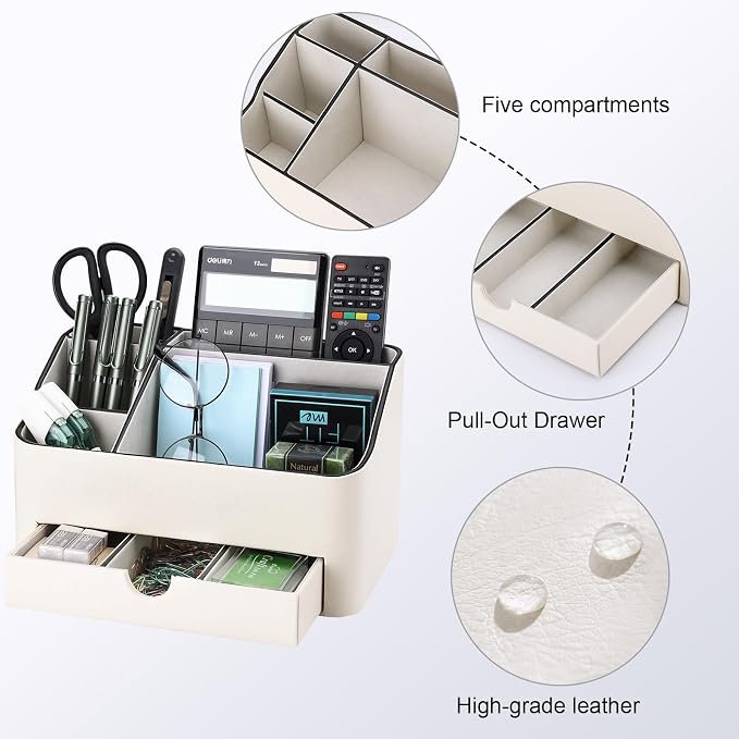 PU Leather Desk Organizer with Drawer, 5 Compartments Desktop Storage Caddy for Office Home Supplies, Pen Holder for Remote Control, Phone & Accessories, Mail Organizer Countertop Ivory White