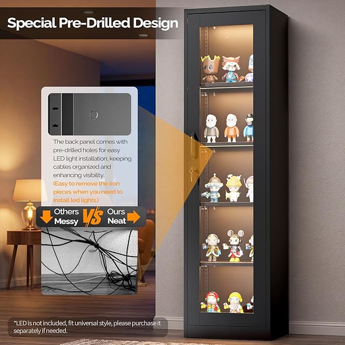 VINGLI Lockable Display Cabinet with Glass Door & 4 Adjustable Shelves, 65" Tall Metal Storage Cabinet Curio Liquor, Bookshelf Bookcase for Home Office Living Room Pantry Garage (Black)