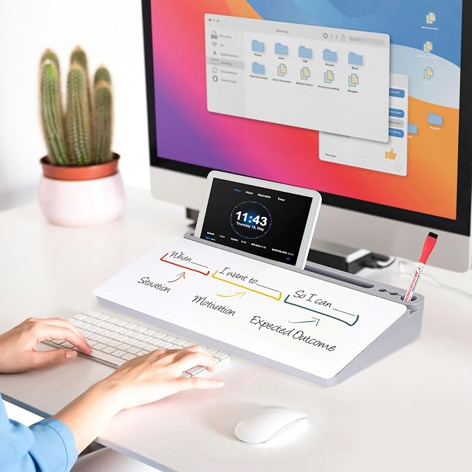 DOLLAR BOSS Glass Desk Whiteboard Small Dry Erase Board, Grey | Desktop White Board with Storage Drawer, Computer Keyboard Stand, Desk Organizer, Office Supplies, With Markers, Eraser