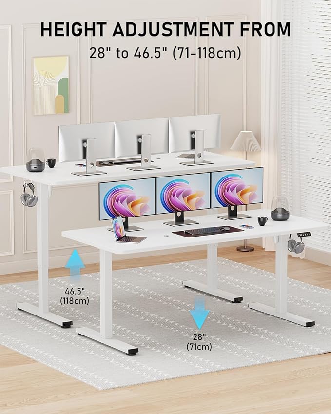 Standing Desk, Large Height Adjustable Electric Stand up Desk, 63 x 24 Inches Sit Stand Home Office Desk, with Splice Board, White Frame/White Top