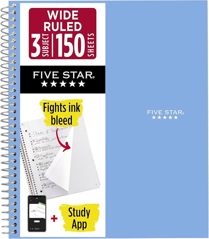 Five Star Spiral Notebook, 3 Subject, Wide Ruled | 8" x 10-1/2" | 150 Sheets | Water Resistant | Tidewater Blue | Pack of 6