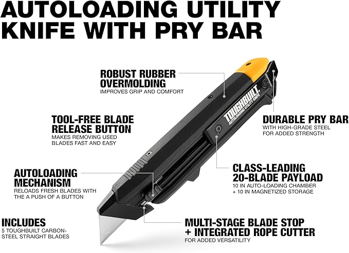 ToughBuilt – Autoloading Utility Knife, Heavy-Duty Retractable Knife with Built-In Blade Magazine, Quick-Change Mechanism, and All-Metal Construction (TB-H4-10-A)