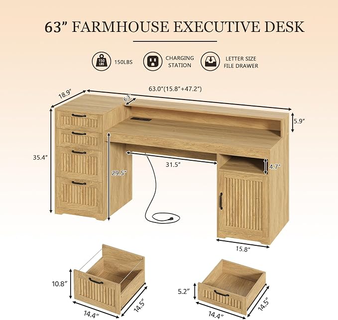 63" Fluted Computer Desk with 4 Drawers for Home Office, Bedroom | Wood Executive Desk with Printer Shelf, Monitor Stand, Home Office Desks with Power Outlets, Storage Shelves, Oak, Boho Desk