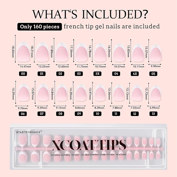 BTArtboxnails French Gel Nail Tips - French Tip Press on Nails Pink Extra Short Almond XCOATTIPS for Nail Extensions