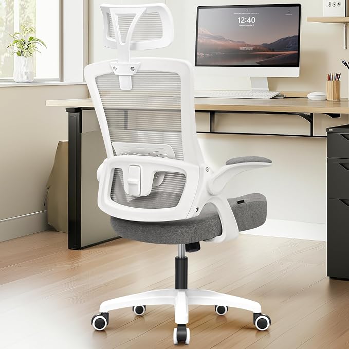 NEO CHAIR Office Desk Chair with Ergonomic High Back Mesh Headrest, Grey | Adjustable Headrest and Lumbar Support with Flip-Up Armrests Designed for Extended Sitting Comfort While Saving Space