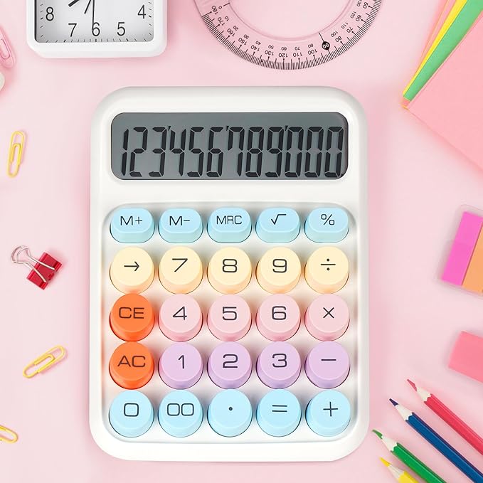 Mechanical Switch Calculator with Big Buttons, Calculators Desktop, 12 Digits, Large LCD Display, Desk Calculator, Cute Pink Calculators for Teachers Students Basic Office (White)