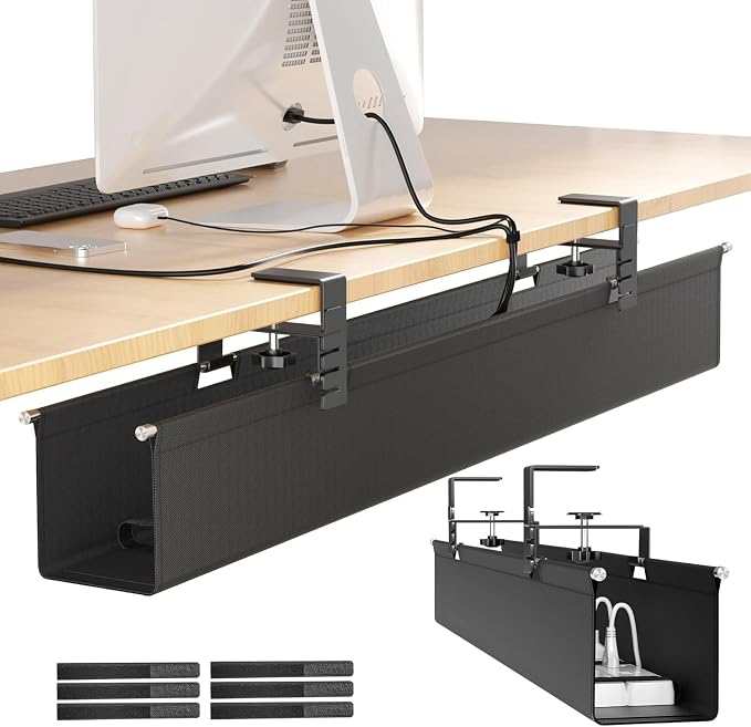 [Upgraded] Large Under Desk Cable Management Tray, Cinati Cable Management Under Desk No Drill, 28.4" Fabric Cord Hider for Wire Organizer, Cord Organizer for Office, Home - Supports Up to 30lbs Black