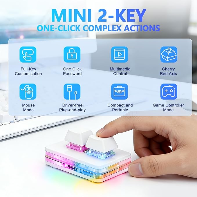 aikeec White 2-Key OSU Hot Swap Game Keyboard USB Wired RGB Mechanical Keypad, Autonomous Programming Macro with Software Switches