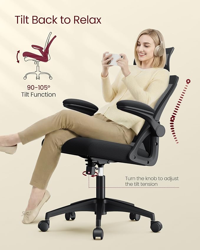 VASAGLE Ergonomic Mesh Office Chairs with Adjustable Lumbar Support and Headrest, 90-105° Tilt Function, Wide Seat, Flip‑Up Armrests, Computer Desk Chairs for Home Office, Set of 2, Ink Black