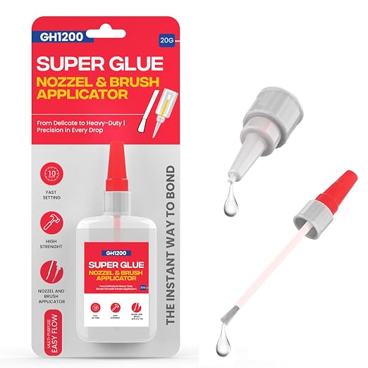 (2-in-1) Super Glue with Brush Applicator & Nozzle, Mess Free Superglue Brush, Instant Never Dries, 3000 CPS Ca Glue, No Stain Clear Glue, Super Glue for Plastic, Rubber & More