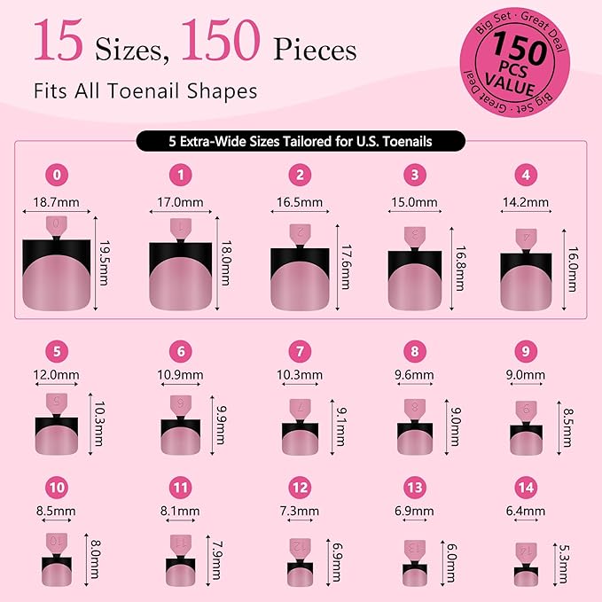 Toe Nails Press On French Tips for Women, 15 Sizes 150 Pcs Sharp Square Pre-applied Primer & Base Coat Toenail Press Ons Baby Pink Full Cover Fake Tips Extension, Builder Nail Gel & Top Coat Required