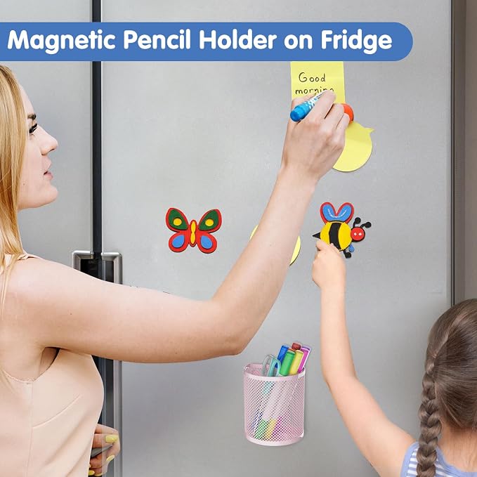 LUCYCAZ Magnetic Pen Holderr, 2 Pack Metal Stainless Steel Pen Basket | Locker Organizer Accessories, Powerful Magnet Pen Holder for Whiteboard,Refrigerator,Locker,Kitchen,Home,and Office Pink