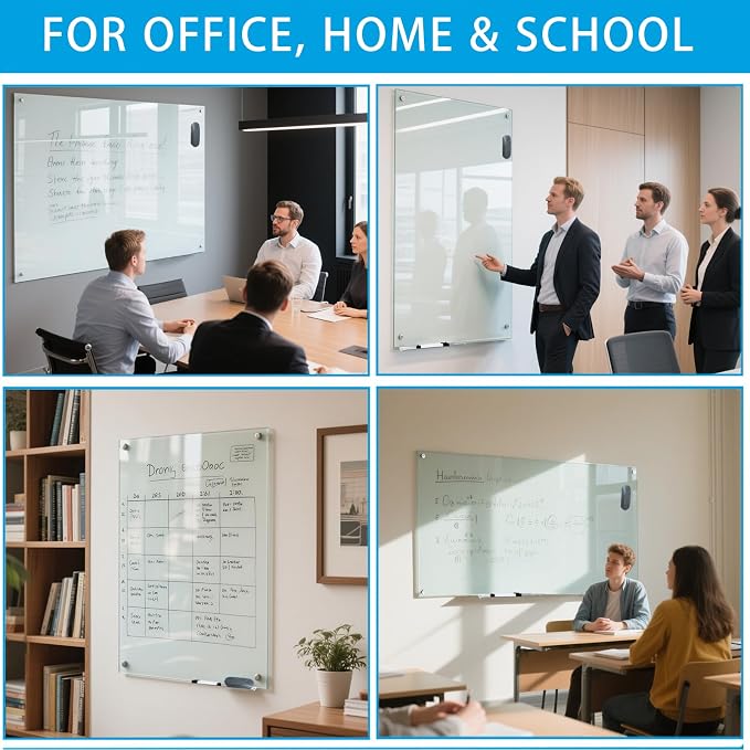 Glass Dry Erase White Board - 48 x 36 Inches Magnetic Glass Whiteboard for Wall Mounted, 4' x 3' Frameless Boards for Classroom Home, Office Supplies