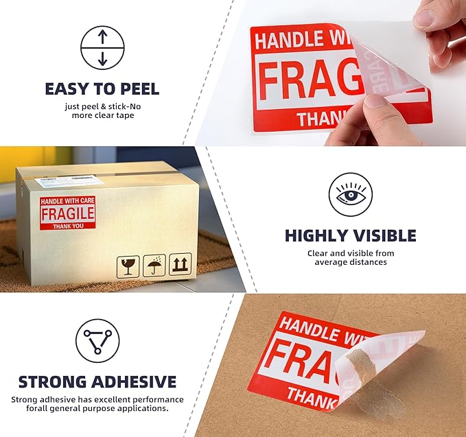 3 x 5 Inch Fragile Stickers Handle with Care 500 Permanent Adhesive Fragile Stickers for Shipping Moving Glass Commercial Grade Fragile Labels (1 Roll, 500 Labels)
