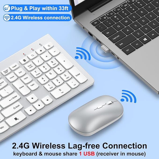 QUASIO Ultra Slim Wireless Keyboard and Mouse Combo,2.4G Lag-Free(Silver) | Full Side,Quiet Scissor-Switch Keys,Auto Sleep,Silent Clicks,3 Adjustable DPI,Ergonomic Design,Computer/Laptop/PC/Mac/Windows