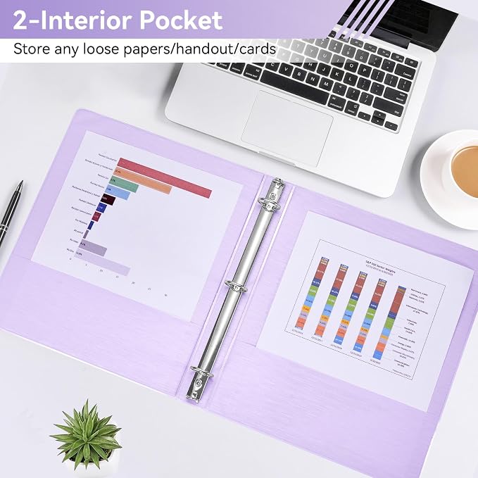 SUIN 1 Inch 3 Ring Binder, Clear 1'' View Presentation Binders with 2 Pockets, Fits 8.5 x 11 Letter Size, Durable Polypropylene, Non-Stick & PVC-Free for School, Office & Home (Brushed Lavender)