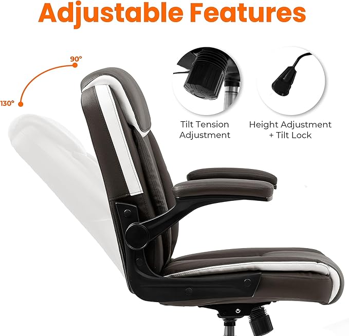 NEO CHAIR Office Desk Computer Chair Ergonomic Executive Mid-Back Leather Gaming Chair with Adjustable Flip-Up Armrests Wheels Swivel for Home Study Task (Brown)