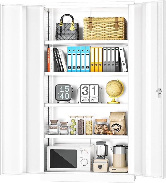 White Metal Storage Cabinet Doors, 72" Locking Steel Storage Cabinet with Shelves, Tall Metal Cabinet Lockable Steel Cabinets for Home Office, Garage