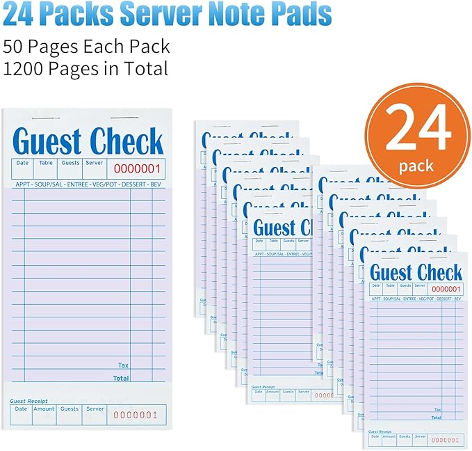 24 Pack Purple Guest Checks Books for Servers Server Note Pads, Waiter Checkbook, Waitress Notepad for Restaurants, Paper Checks 50 Sheets/Pack, 1200 Total Tickets
