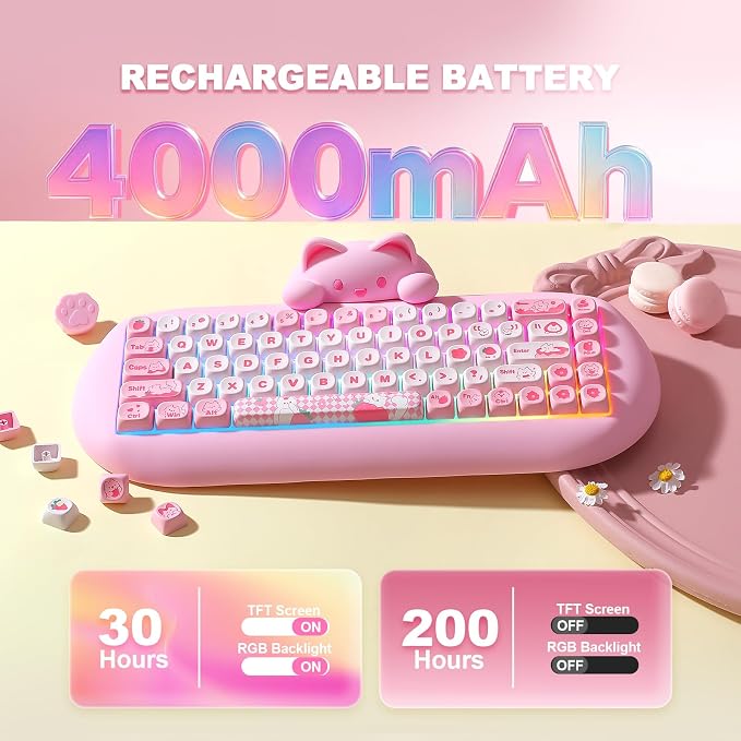 YUNZII C68 Silicone Cute Cat Mechanical Keyboard (Pink, Milk Switch) | Wireless Triple Mode BT5.0/2.4G/Wired, RGB Backlit NKRO, Cute Cat Silicone Ergonomic Design for Win/Mac