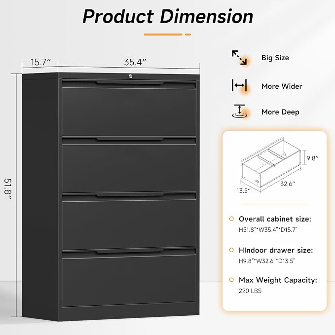 Bestoo 4 Drawer File Cabinet, Metal Lateral Filing Cabinet with Lock | Lockable Drawers, Large Storage Capacity, Heavy Duty Build, Smooth & Quiet Slides, Suitable for Letter/Legal/F4/A4 Size