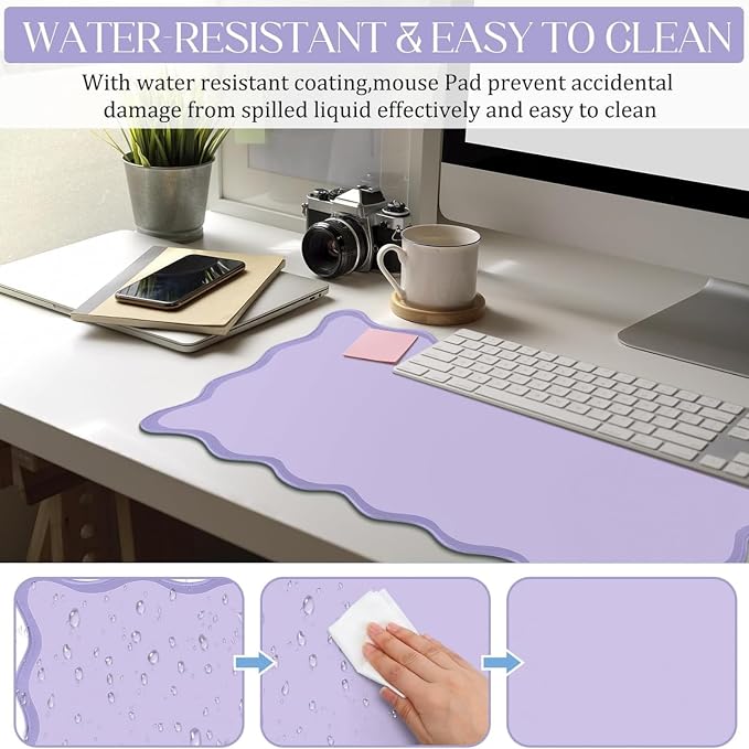 Hahafelt Scalloped Desk Mat Waterproof,Purple,36 X 17 Inches | Coquette Preppy Style for School Office Makeup Vanity, Nonslip Gaming Desktop Protector with Scalloped Stitched Edge Mat